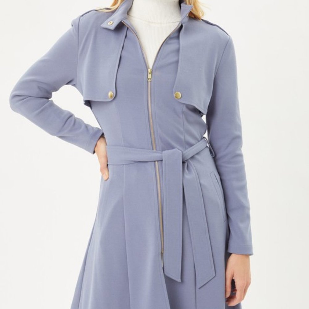 Zip Up Long Line Trench Coat Jacket, with Waist Belt, Blue